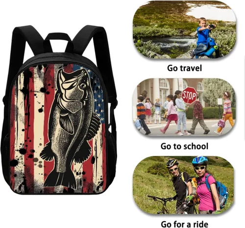 Vista 3 de Paquete de 3 bolsas escolares con estampado de bandera estadounidense para niños, mochila de gran capacidad para laptop, con cremallera, estuche