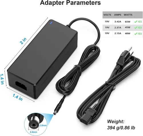 Vista 2 de Adaptador de fuente de alimentación de 19V 3.42A 65W AC/DC Transformador Convertidor 100V ~ 240V Entrada de CA con enchufe de 0.217 inx 0.098 in