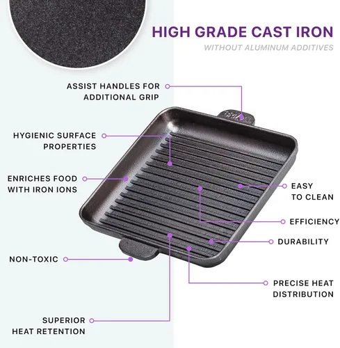 Vista 4 de Parrilla cuadrada presazonada de hierro fundido pequeña sartén de utensilios de cocina de hierro fundido de 7 pulgadas - Mini sartén de hierro