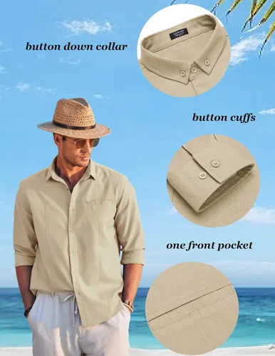 Vista 5 de COOFANDY Camisas de lino para hombre, camisa de playa de manga larga con botones y bolsillo