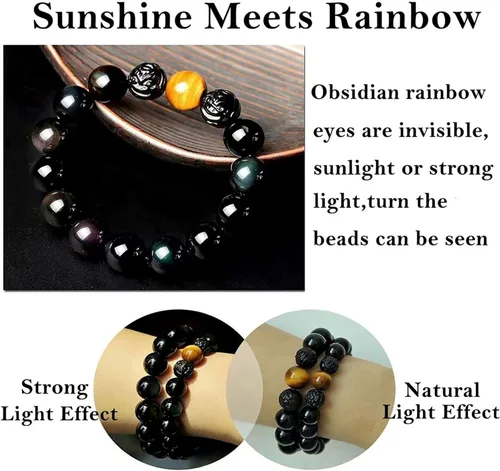 Vista 3 de Pulsera de obsidiana negra, pulsera de obsidiana negra Feng Shui para mujeres, hombres y parejas, hecha a mano con piedra tallada de ojo de tigre