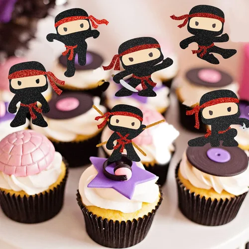 Vista 4 de 18 piezas de adornos para cupcakes de ninja con temática de fiesta de cumpleaños para niños y niños