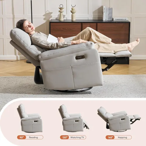 Vista 5 de Silla reclinable eléctrica con soporte lumbar ajustable, sillón reclinable giratorio con reposabrazos sobrerelleno, sillón reclinable para Gris