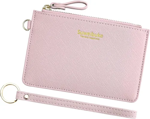 Vista 16 de Estuche Delgado para Tarjetas RFID para Mujer con Correa de Muñeca, Cartera con Cremallera para ID, Cartera de Cuero Pequeña, Monedero con Llavero