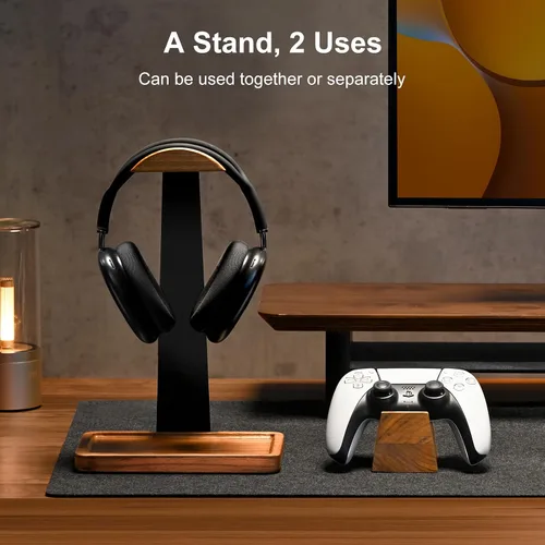 Vista 2 de UPERGO Headset Stand with Gaming Controller Holder, Walnut Wood Headphone Stand with Storage Base, Gaming Equipment Accessories for Desk