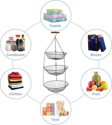 Vista 2 de JUNCHU CHERRY Cesta colgante de frutas de 3 niveles, 2 paquetes, almacenamiento para colgar en la pared, cesta de organización de cocina y baño