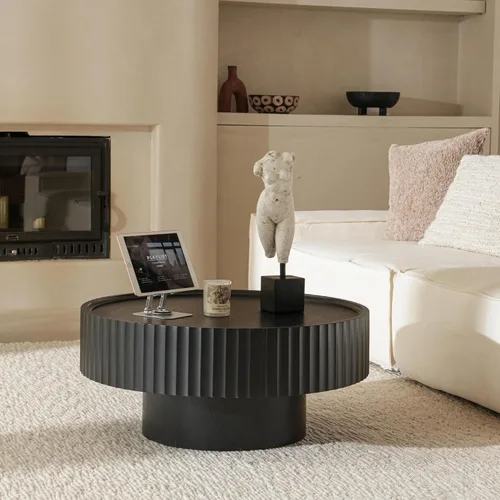 Vista 7 de Mesa auxiliar redonda, mesa de centro de 31.8 pulgadas con almacenamiento, mesa moderna de sala de estar con tambor estriado, mesas centrales
