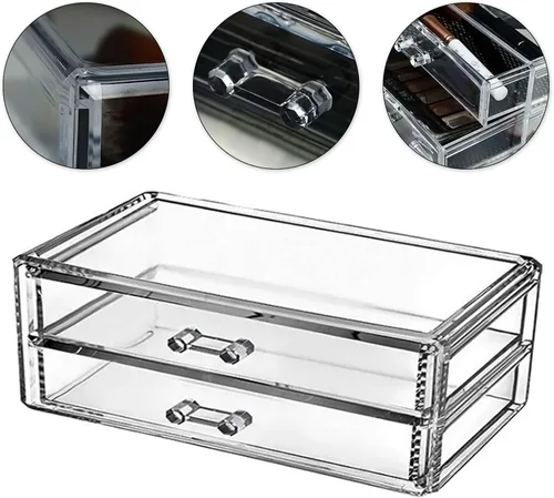 Vista 7 de Organizador de maquillaje de acrílico transparente con 2 cajones, caja de almacenamiento de maquillaje de escritorio y organizador de cosméticos
