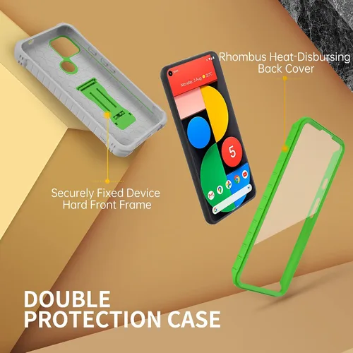 Vista 7 de FITO Funda para Google Pixel 5A, funda resistente a prueba de golpes de doble capa con protector de pantalla, soporte integrado (verde)