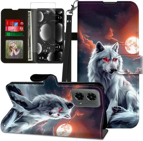 Vista 196 de Funda para Motorola Edge 2022 con protector de pantalla, soporte y tarjetero y correa para la muñeca, funda magnética para Moto Edge 2022 5G UW Lobo