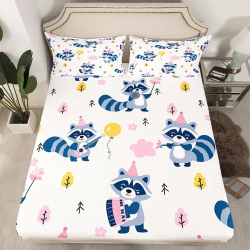 Vista 2 de Erosebridal Juego de sábanas tamaño individual de mapache para niños y niños, sábanas florales rosas de animales del bosque, juego de ropa de cama