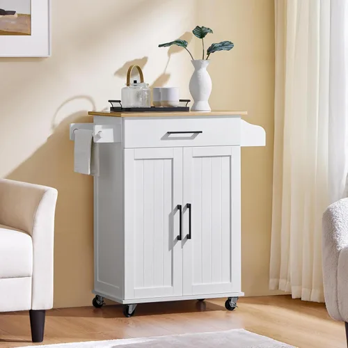 Vista 2 de Yaheetech - Carrito de isla de cocina de 32 pulgadas de ancho con almacenamiento, estante ajustable, color blanco Small Kitchen Island on Wheels