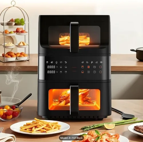 Vista 2 de Freidora de aire de doble cesta, multifunción 10 en 1 con circulación de aire caliente 3D, pantalla táctil LED, cestas antiadherentes, apta