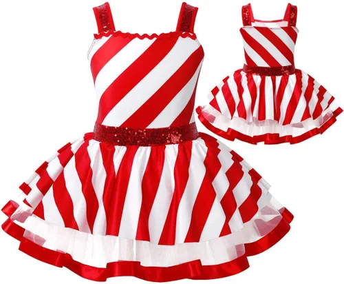 Vista 3 de YiZYiF Disfraz de baile de dulces de Navidad para niñas y niñas, sin mangas, vestido de leotardo de princesa con tutú