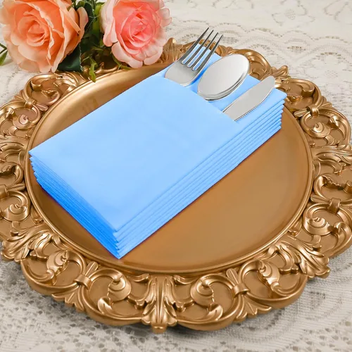 Vista 6 de Servilletas desechables de color azul menta, paquete de 50 servilletas de papel de tacto de lino con bolsillo integrado para cubiertos, tela