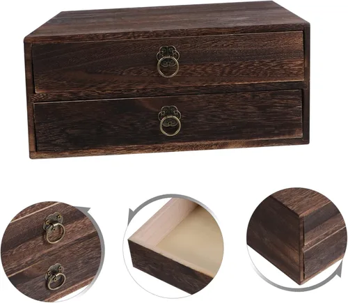 Vista 7 de Operitacx Caja de almacenamiento de escritorio Caja de madera para oficina en casa Organizador de cajones decorativo tamaño pequeño gran capacidad