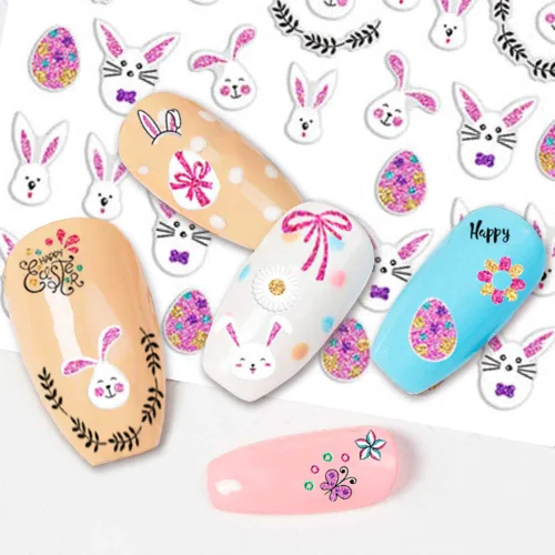 Vista 3 de Calcomanías de uñas de Pascua, diseño de conejo, calcomanías de uñas autoadhesivas 3D, huevos de Pascua, conejos, decoración de uñas para mujeres