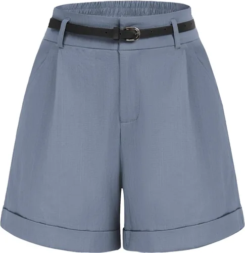 Vista 18 de Belle Poque Bermudas para mujer, cintura elástica, pantalones cortos de pierna ancha con bolsillos y cinturones Negro