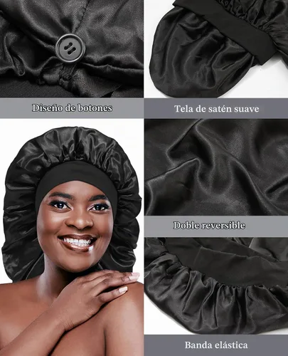 Vista 6 de AWAYTR Gorro largo de satén para mujer, gorro de seda de 2 capas para trenzas, gorro de dormir elástico con gorro de noche de banda ancha (negro)