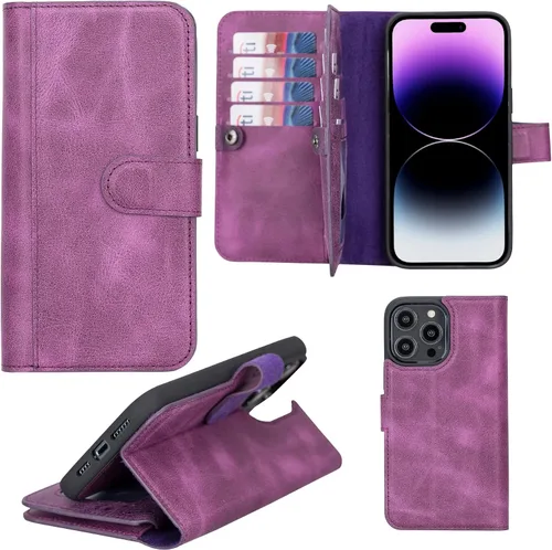Vista 76 de HARDISTON Funda de piel auténtica de alta calidad hecha a mano para iPhone 7/8 / SE doble folio tarjetero - Funda magnética desmontable - Soporte