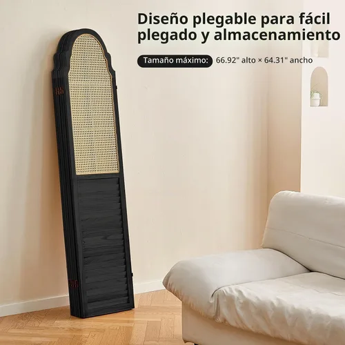 Vista 4 de Divisor de habitación de madera de 4 paneles, pantalla de privacidad plegable, pared divisora de habitación de ratán, pared divisora de madera