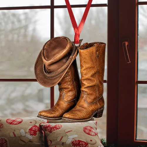 Vista 4 de Talataca Botas de sombrero de vaquera para hombre y mujer, caballo occidental 2D, plano, espejo retrovisor, accesorios para el árbol de Navidad