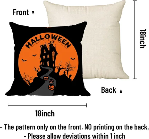 Vista 2 de Juego de 4 fundas de almohada de Halloween de 18 x 18 pulgadas, funda de almohada de lino suave con castillo de gato negro, decoración rústica