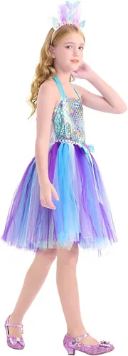 Vista 3 de WonderBabe Mermaid Tulle Tutu Dress for Girls Halloween Birthday Party Costume Princess Mermaid Dress Up Outfit with Headband