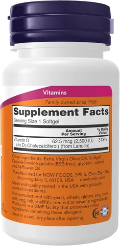 Vista 2 de Now Supplements, vitamina D3, 2,500 UI, salud ósea e inmunológica*, 180 cápsulas blandas