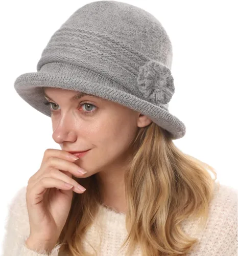 Vista 40 de C-US - Gorro de punto cálido para mujer, con visera de ganchillo con acento de flores