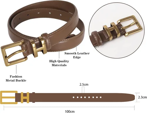 Vista 86 de Cinturón de cuero clásico con hebilla de metal para mujer con vestido de jeans