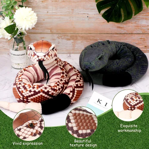 Vista 3 de Moneer 2 piezas de felpa de serpiente gigante, serpiente de cascabel de peluche grande de 54 pulgadas, animal de peluche de serpiente realista