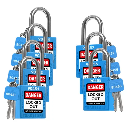 Vista 10 de TRADESAFE Juego de cerraduras de bloqueo - 7 cerraduras de loto rojas, cerraduras de bloqueo con llave diferente, 1 llave por cerradura, candados