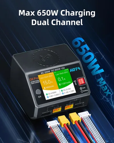 Vista 3 de HOTA D6 Pro Lipo Cargador de batería, doble canal 15A AC200W DC650W Cargador de equilibrio inteligente con panel de carga inalámbrico Salida USB