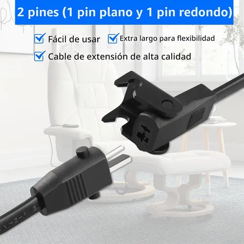 Vista 2 de Cable de alimentación de 6.6 pies para silla reclinable, cable de extensión reclinable eléctrico de 2 pines, piezas de repuesto para sofá