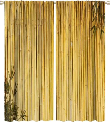 Vista 15 de Cortinas con estampado de bambú, tallos y hojas de bambú, temática oriental natural, oscurecimiento de habitación, ventana, ventana, cortina