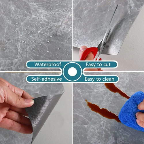 Vista 9 de VEELIKE Azulejos de suelo grises autoadhesivos impermeables de vinilo de mármol de 12 x 12 pulgadas para pegar en suelos de láminas de vinilo Gris