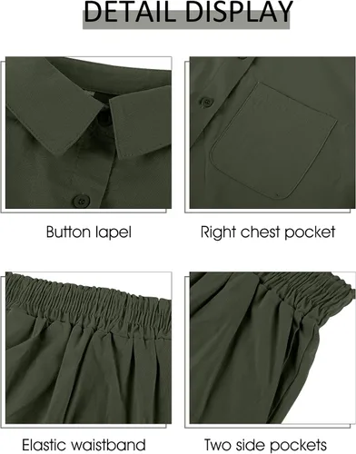 Vista 5 de PEHMEA Conjunto de 2 piezas para mujer, de algodón, lino, con botones, camisa y pantalones cortos de cintura alta
