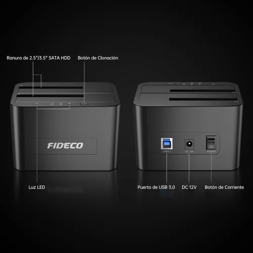 Vista 7 de FIDECO External Hard Drive Docking Station, Hard Drive Dock for 2.5 and 3.5 inch SATA HDD SSD, HDD Docking Station with Dual Bay, USB 3.0 Hard Drive