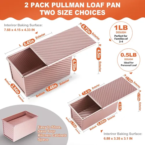Vista 2 de Pavsrmy Paquete de 2 moldes para pan Pullman con tapa, capacidad para 1 lb/0.5 lb de masa, molde premium para pan de sándwich con tapa, molde