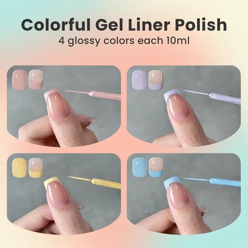 Vista 3 de Juego de 4 esmaltes de gel para arte de uñas, color amarillo, rosa, azul, morado, con pincel fino para arte de uñas en botella, uso con lámpara LED