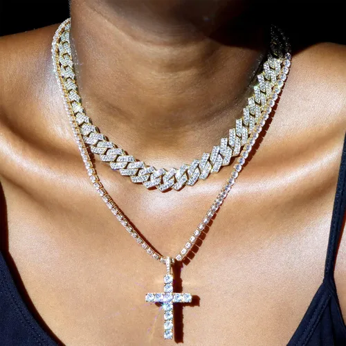 Vista 3 de Cadena de eslabones cubanos para hombres y mujeres, collar de cruz para hombres y mujeres, cadena helada, cadena de eslabones cubanos de Miami
