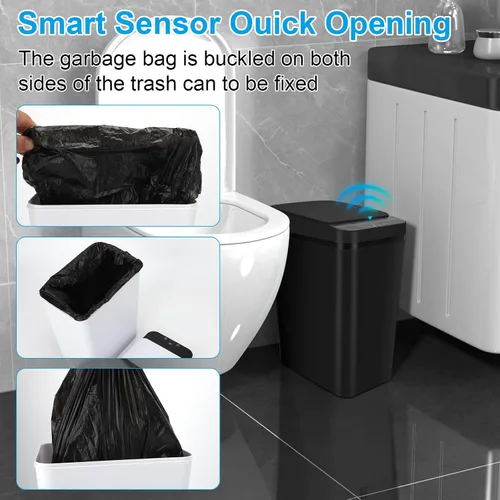 Vista 6 de Basurero de baño, basurero inteligente sin contacto, cubo de basura automático con sensor de movimiento con tapa, cubo de basura de 2.4 galones