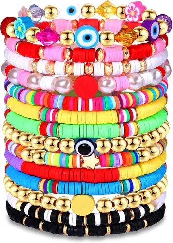 Vista 96 de Surfer Heishi - Pulseras apilables para mujer, apilables, de vinilo arcoíris, disco de arcilla, pulseras elásticas para la amistad, joyería bohemia