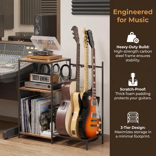 Vista 8 de Soporte de guitarra para múltiples guitarras acústicas con estante de almacenamiento de 3 niveles, estante de exhibición de guitarras, accesorios