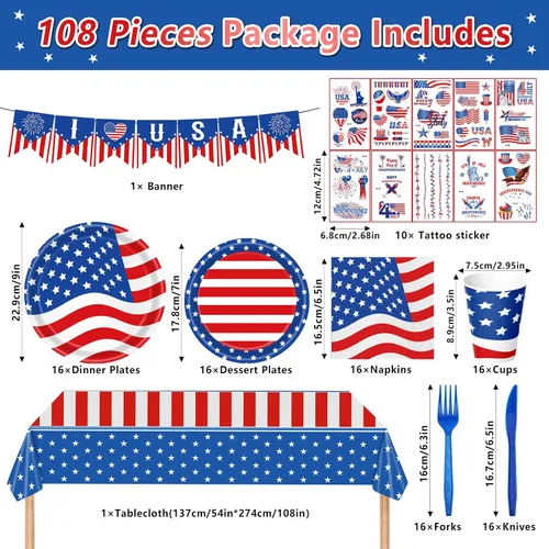Vista 3 de 108 piezas de suministros para fiesta del 4 de julio, juego de vajilla con la bandera estadounidense, decoraciones patrióticas para fiestas