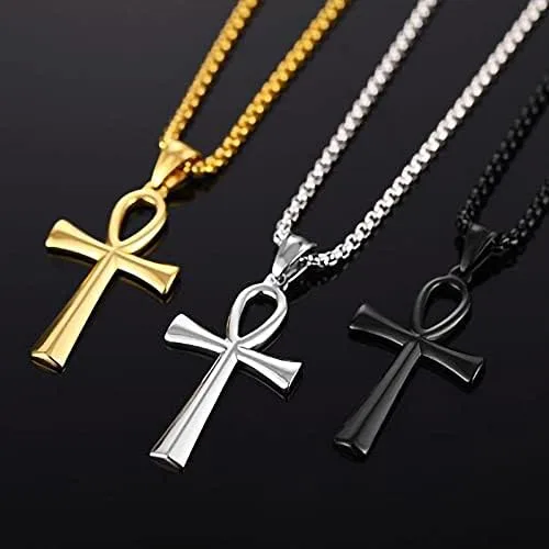 Vista 4 de Collar con colgante de cruz de Ankh copta egipcia antigua de acero inoxidable para niños, mujeres y hombres, en cadena Rolo de 24 pulgadas