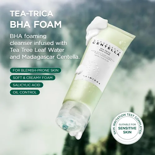 Vista 2 de SKIN1004 Tea-Trica BHA Foam 4.22 fl.oz, 125ml, removedor de maquillaje, limpiador facial coreano con Centella Asiática y árbol de té, limpiador