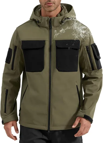 Vista 11 de FREE SOLDIER Chaqueta impermeable Softshell con forro polar para hombre, chaqueta táctica militar con capucha rompevientos