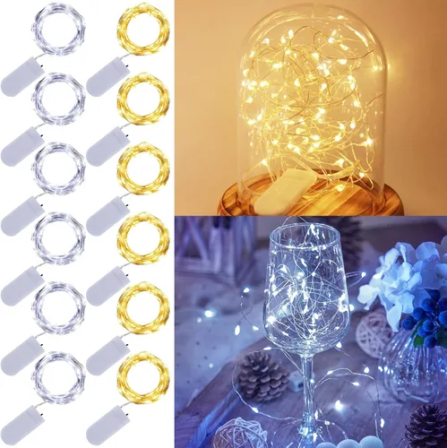 Vista 16 de WATERGLIDE Paquete de 12 luces de hadas que funcionan con pilas (incluidas), 20 miniluces LED de 7 pies, luces impermeables de alambre plateado